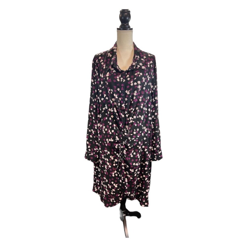 Lane Bryant Dress Womens 28 Dark Floral Chiffon Sheer Shirt Midi Waist Knot